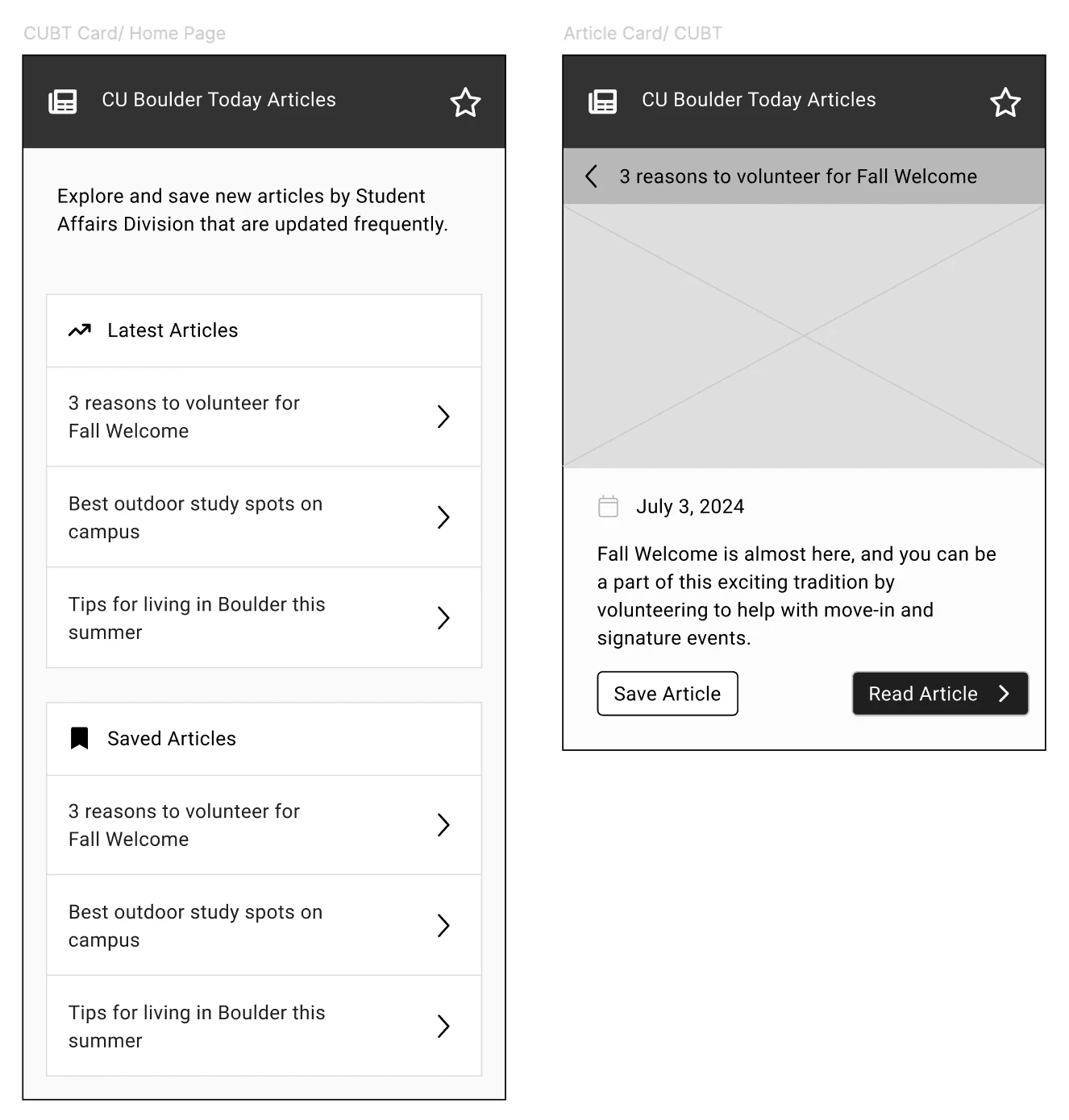 Wireframe of the article card in list and detail states.