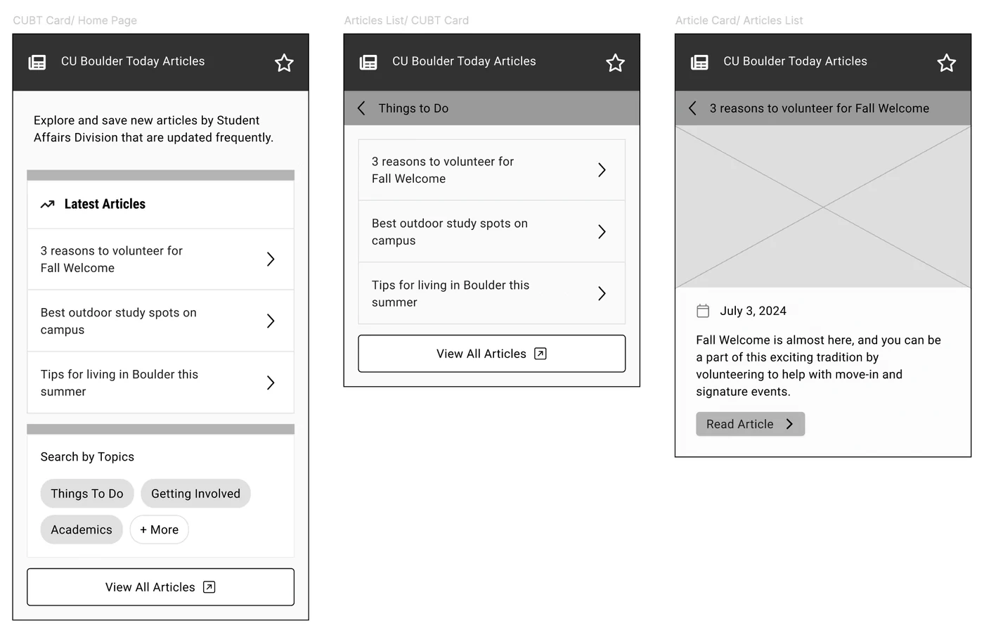 Wireframe of the card with topic filters across three states.