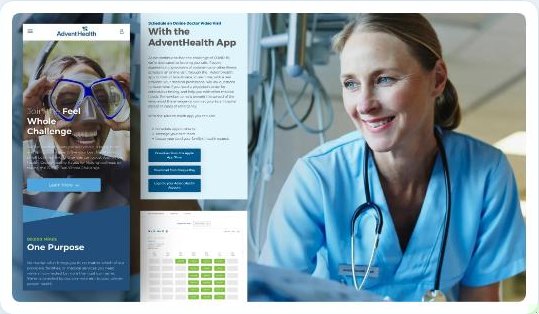 Consumer-facing surfaces including a wellness challenge campaign, the AdventHealth app, and scheduling.