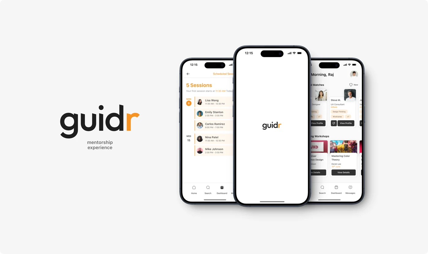 The Guidr wordmark beside three app screens from the mentee experience.