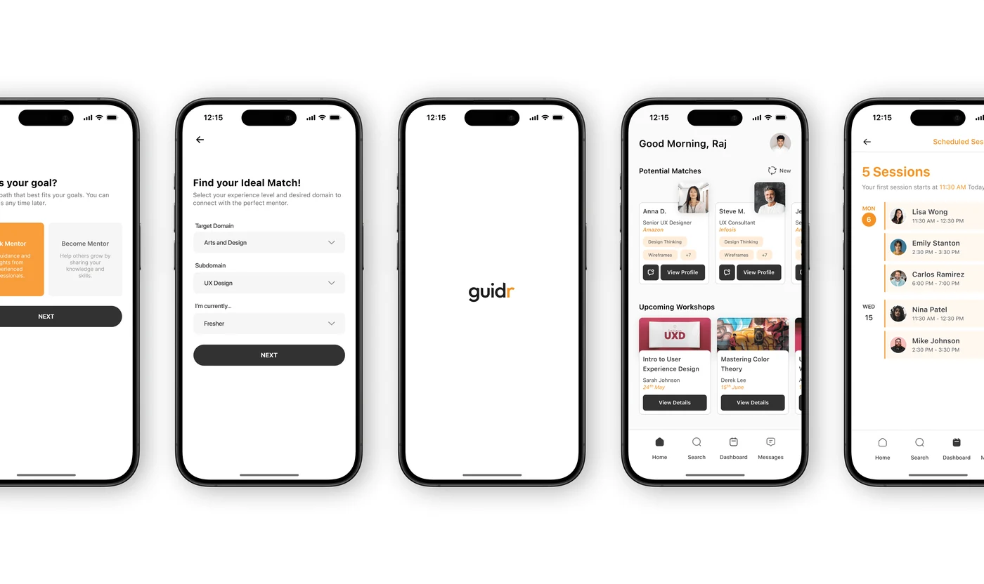 Five high fidelity Guidr screens, from sign-up through to the mentor home.