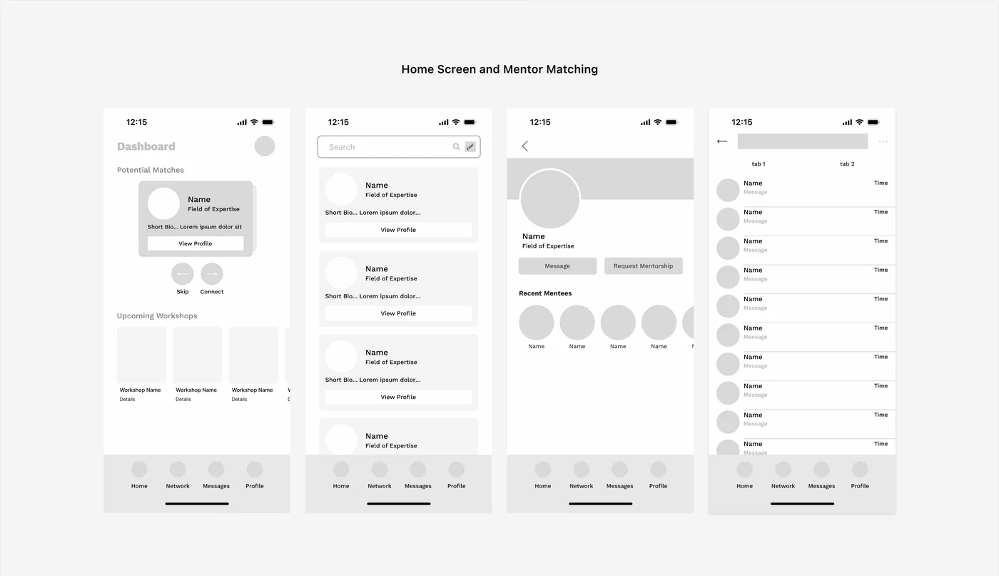 Wireframes for mentor search and browsing.
