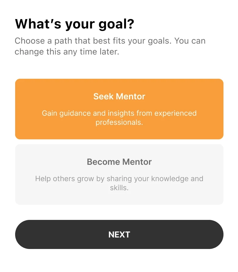 The onboarding goal screen with two stacked text options of similar length.