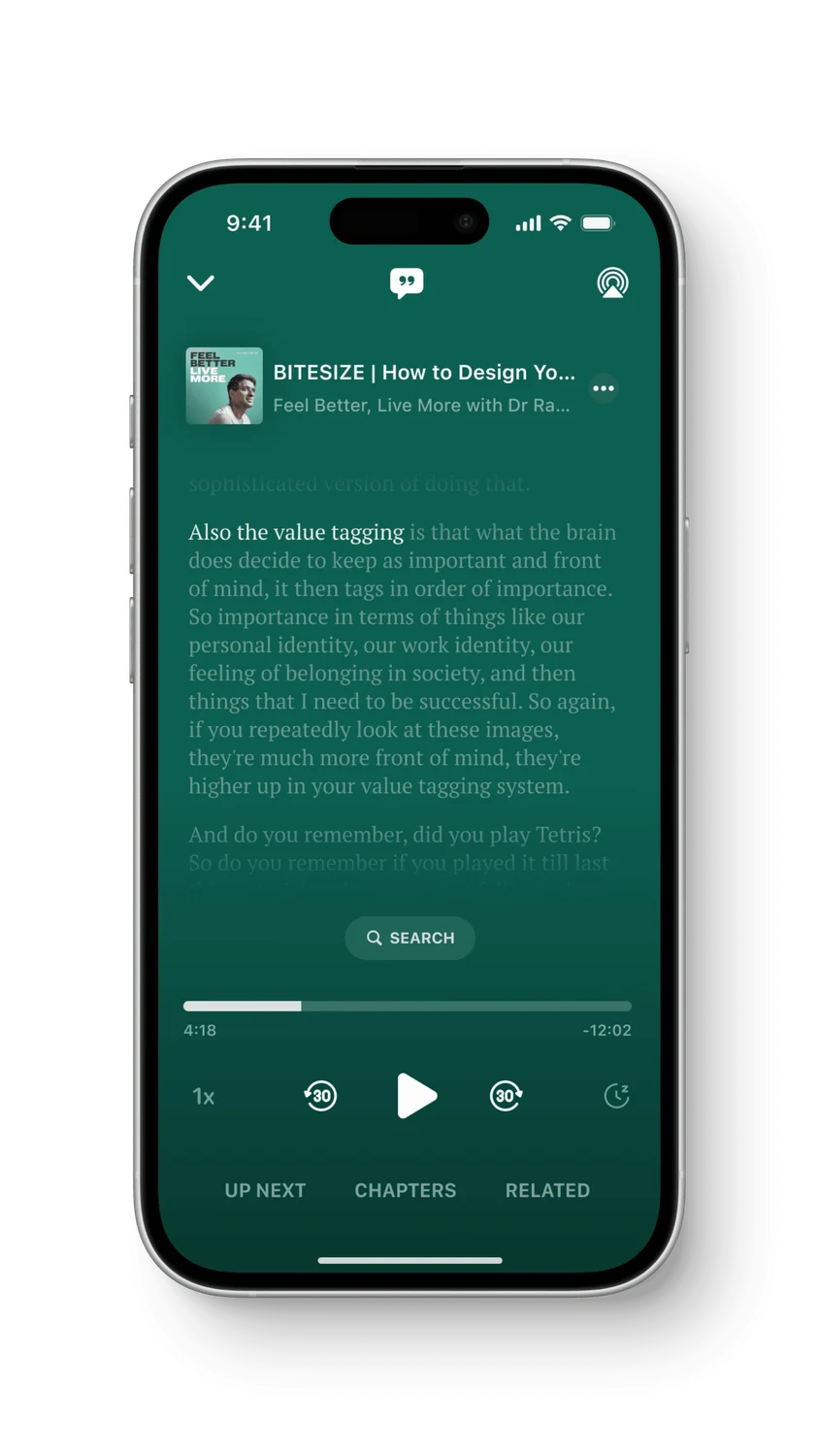The episode transcript with a passage highlighted and a search control beneath it.
