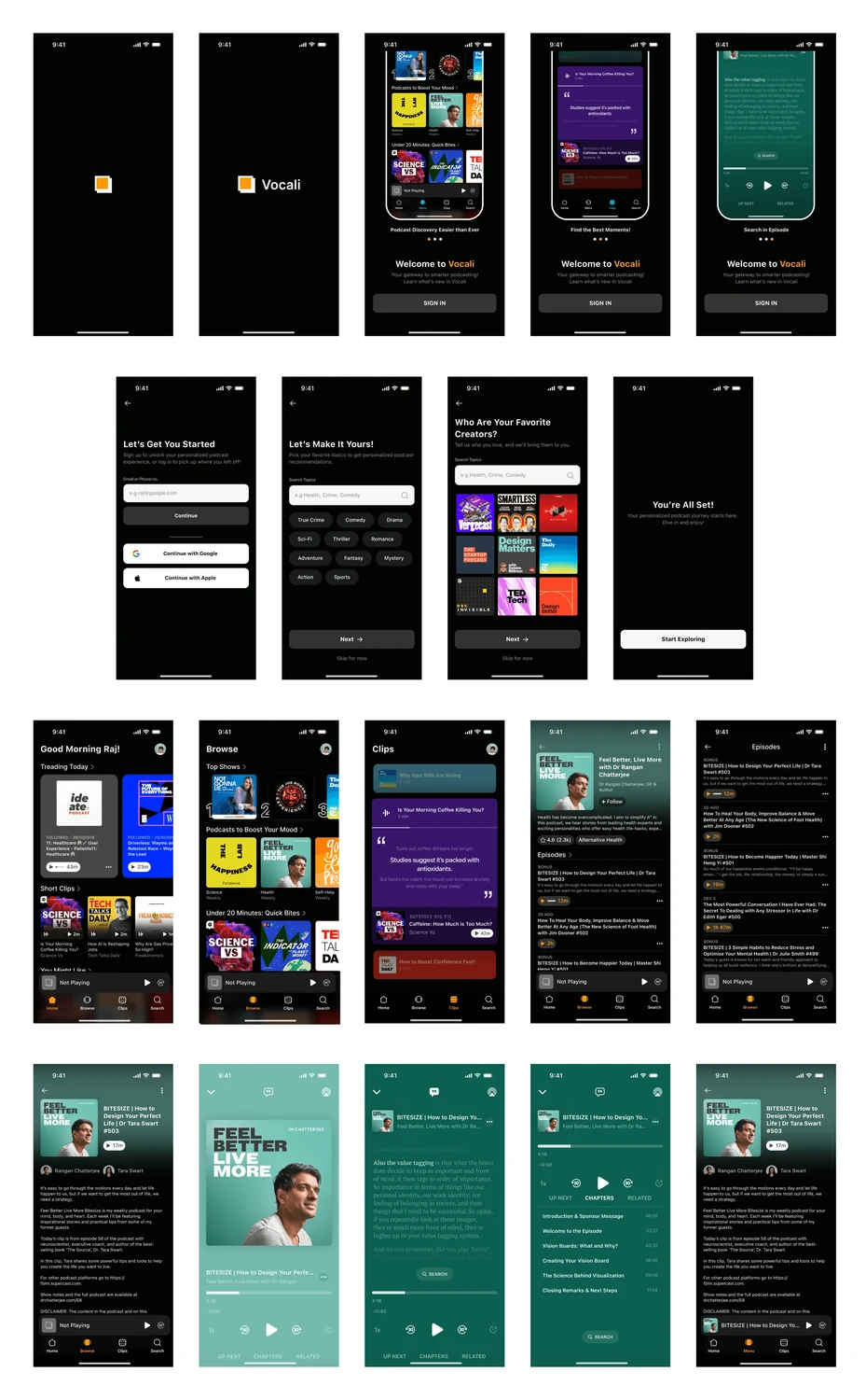 Grid of every Vocali screen, from onboarding through to the player.